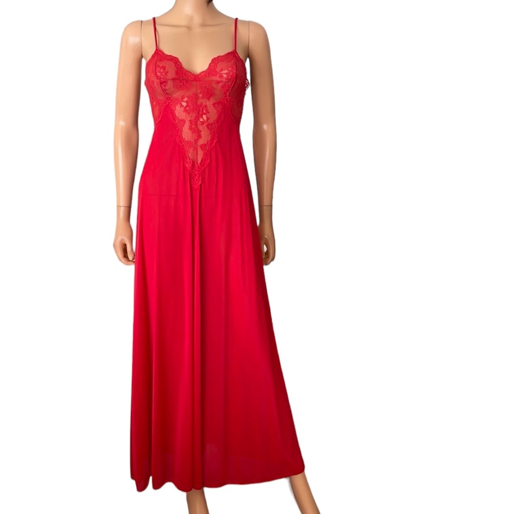 NWOT Vintage Olga Red Lace Full-Length Slip Dress Size S